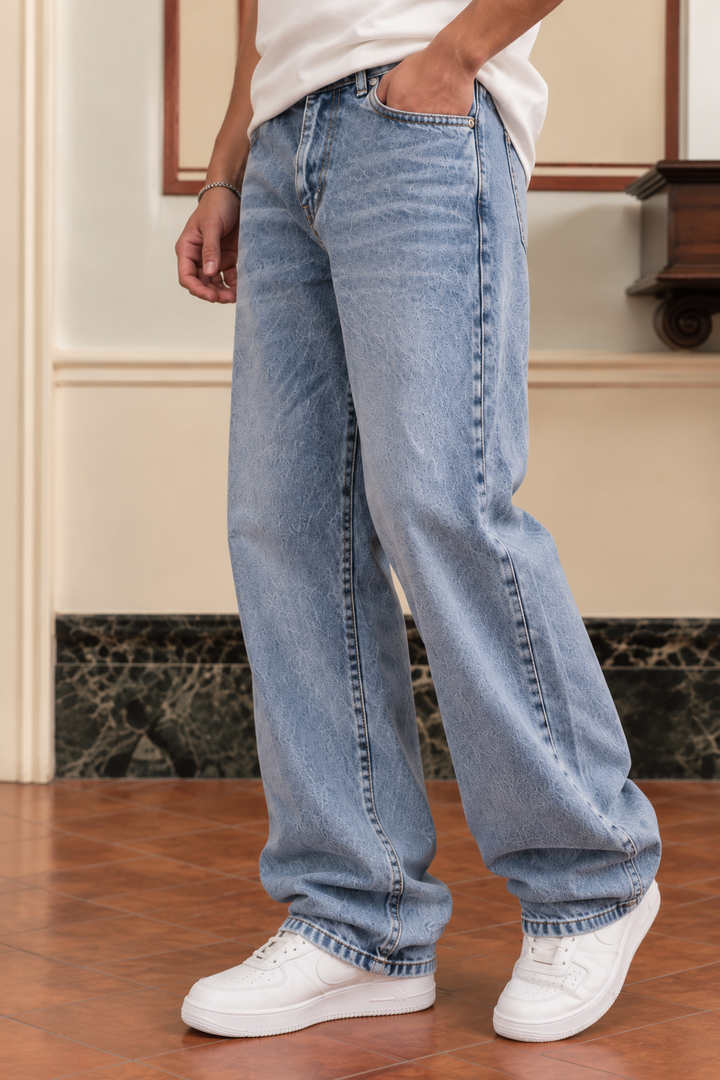 Straight Fit : Acid Washed Blue Jeans