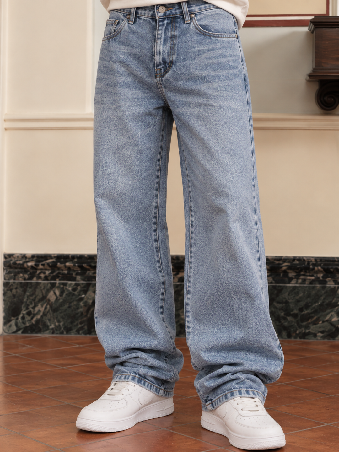 Straight Fit : Acid Washed Blue Jeans