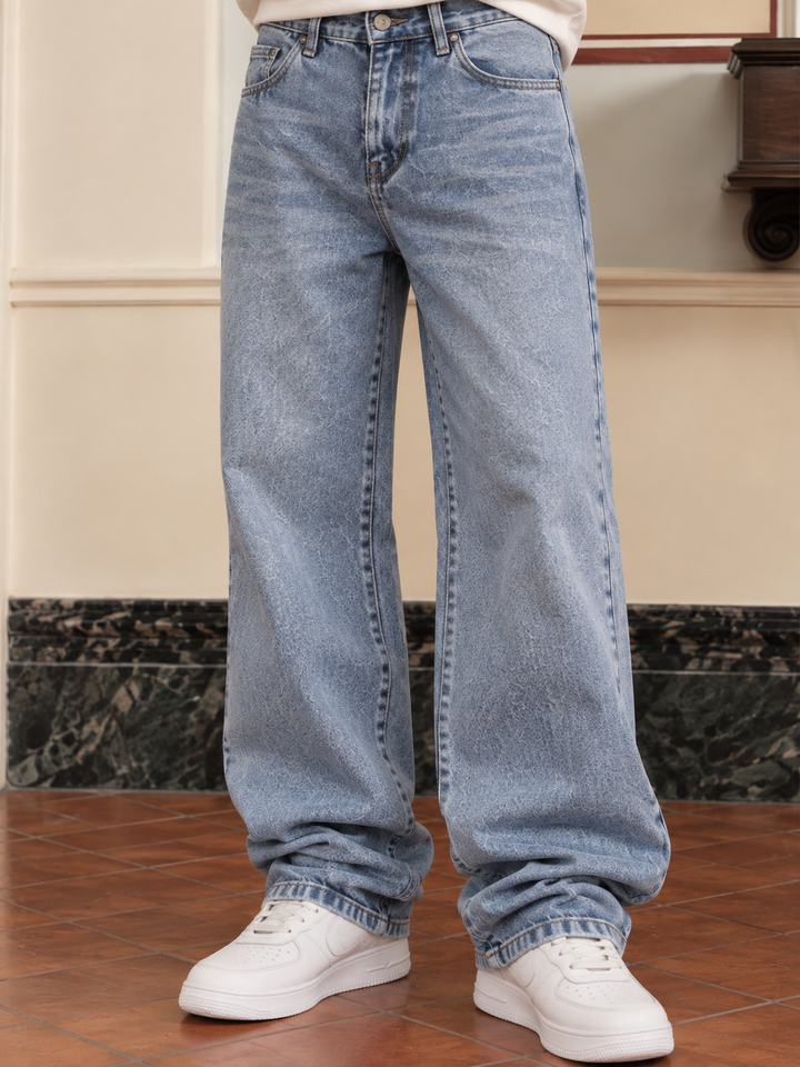 Straight Fit : Acid Washed Blue Jeans