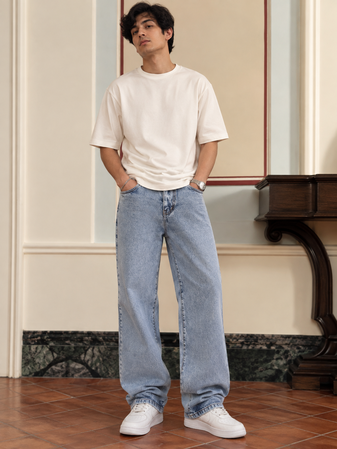 Straight Fit : Acid Washed Blue Jeans