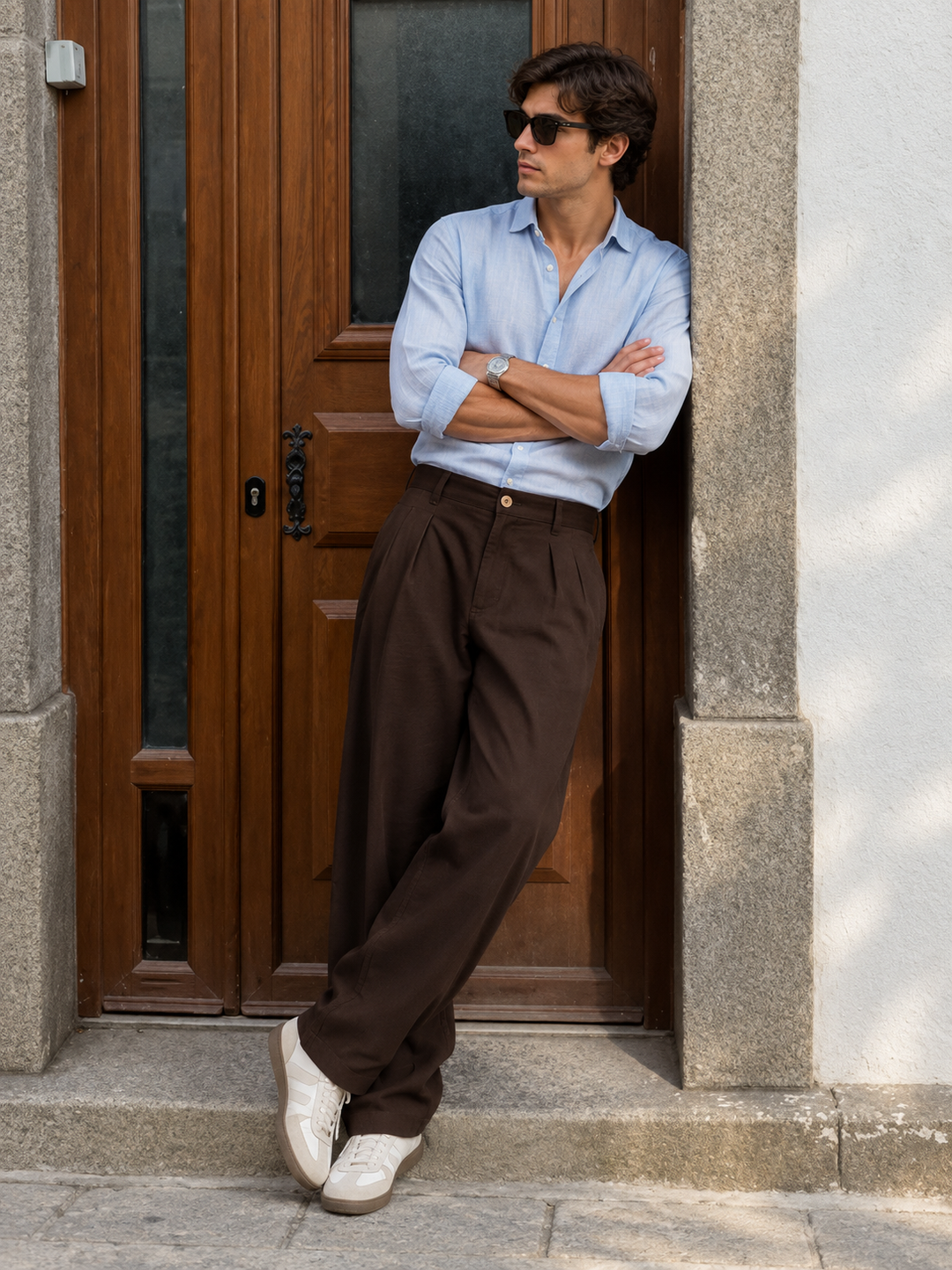 Linen : Pleated Brown Baggy Trousers