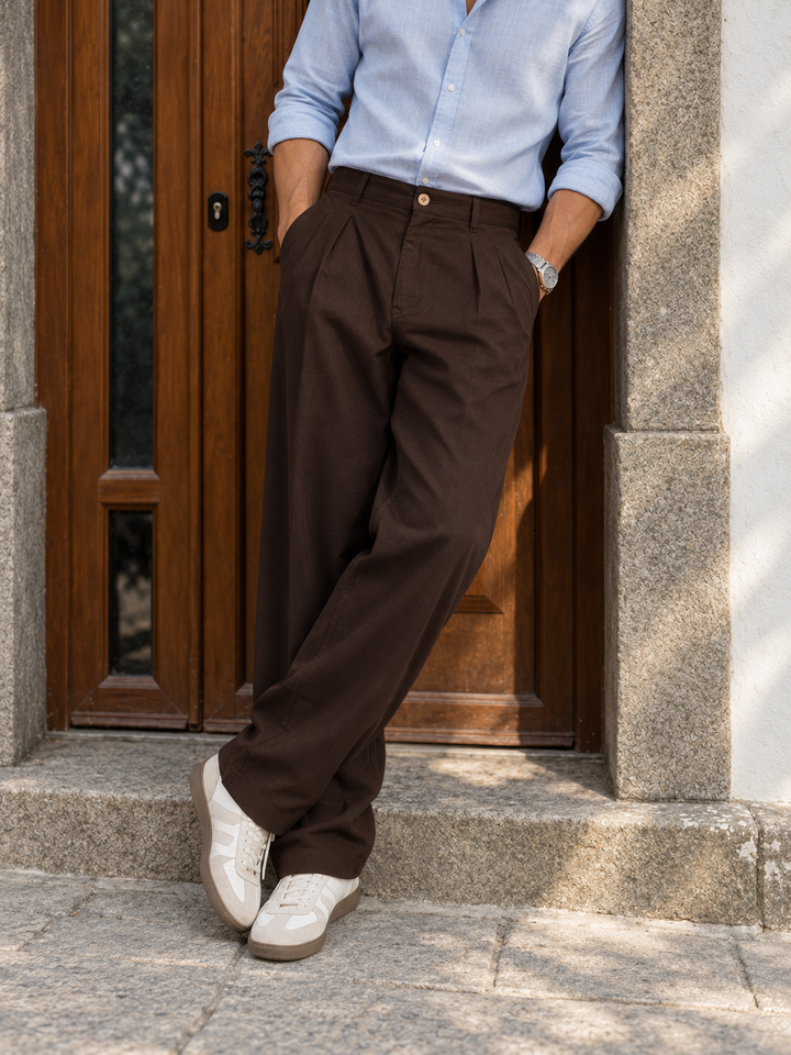 Linen : Pleated Brown Baggy Trousers
