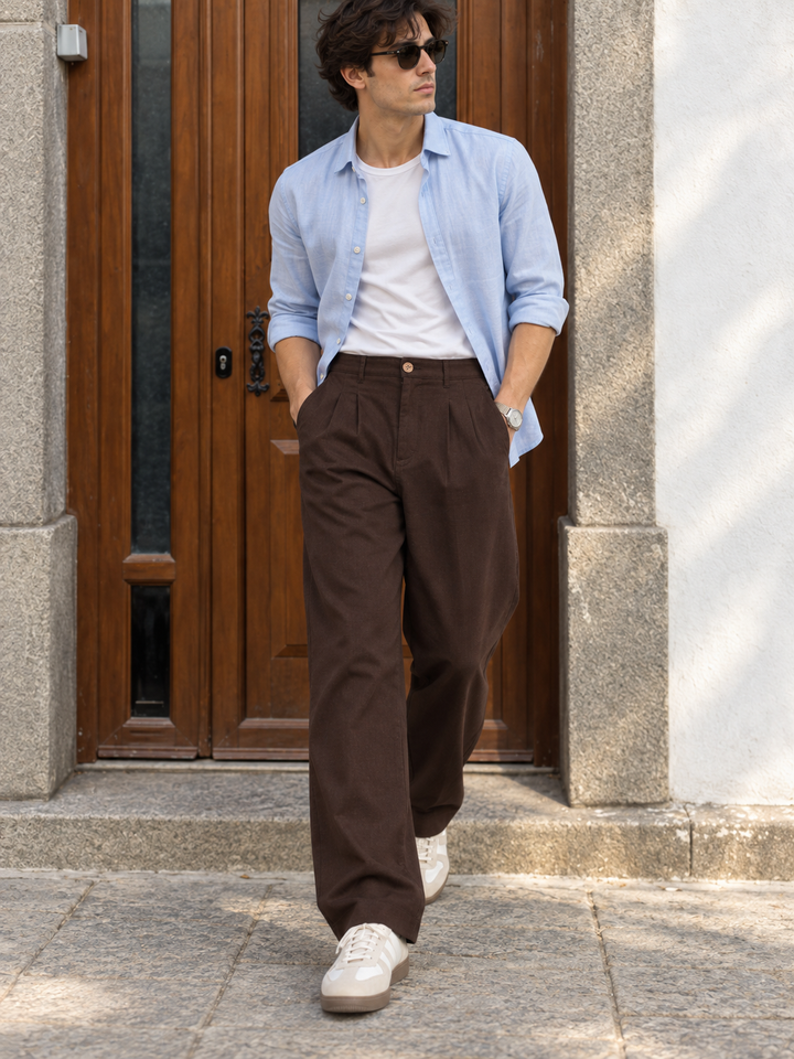Linen : Pleated Brown Baggy Trousers