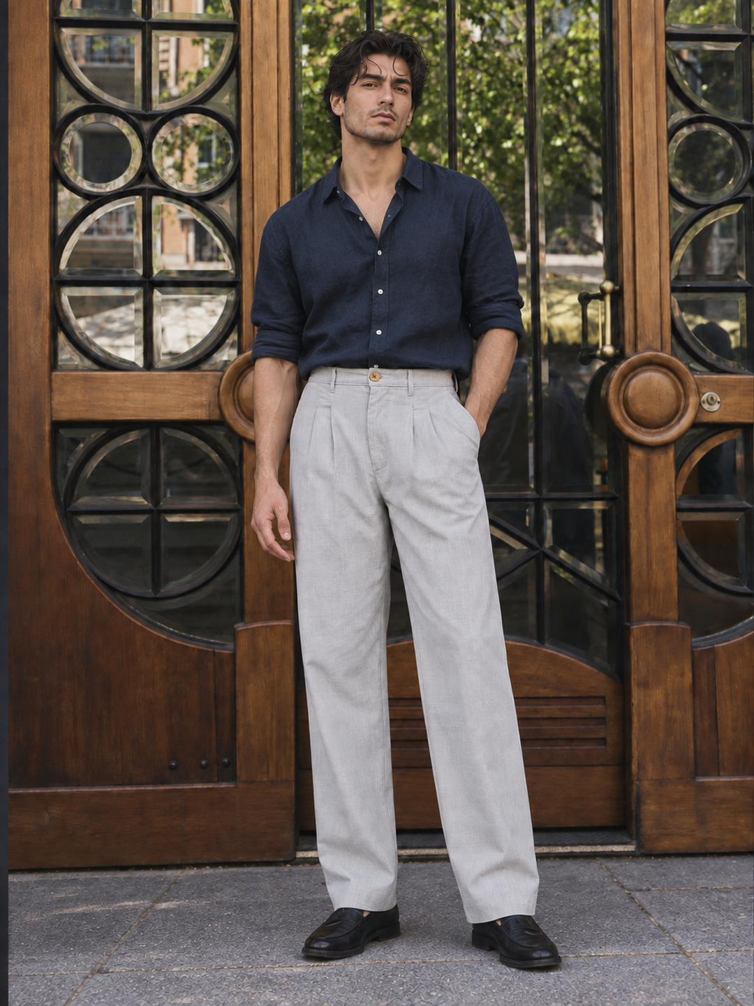 Linen : Pleated Light Grey Baggy Trousers