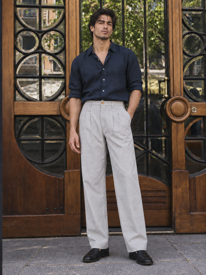 Linen : Pleated Light Grey Baggy Trousers