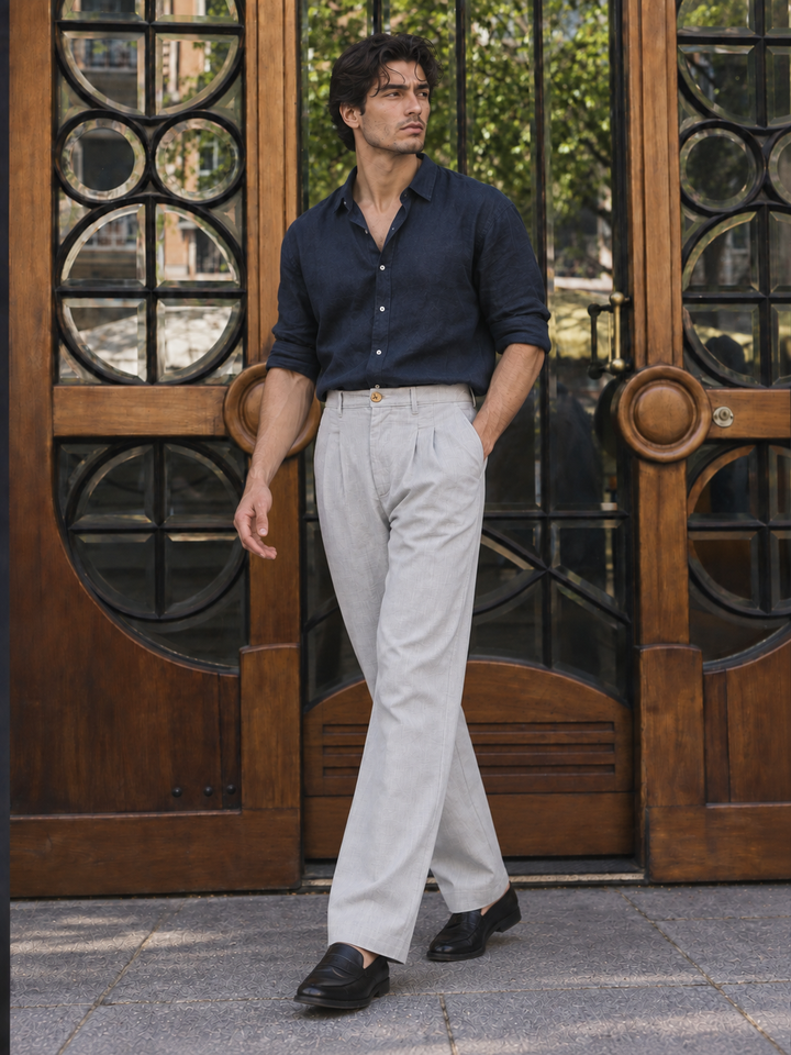 Linen : Pleated Light Grey Baggy Trousers