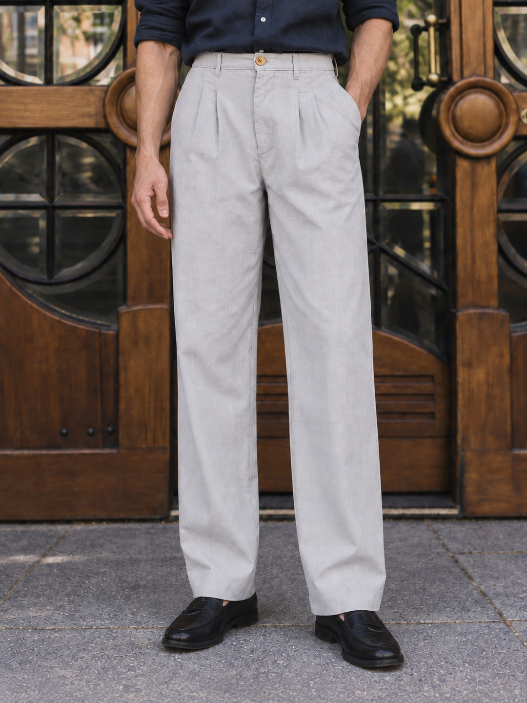 Linen : Pleated Light Grey Baggy Trousers