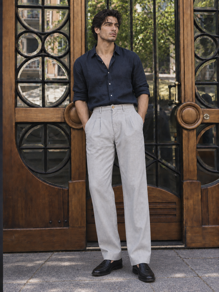 Linen : Pleated Light Grey Baggy Trousers