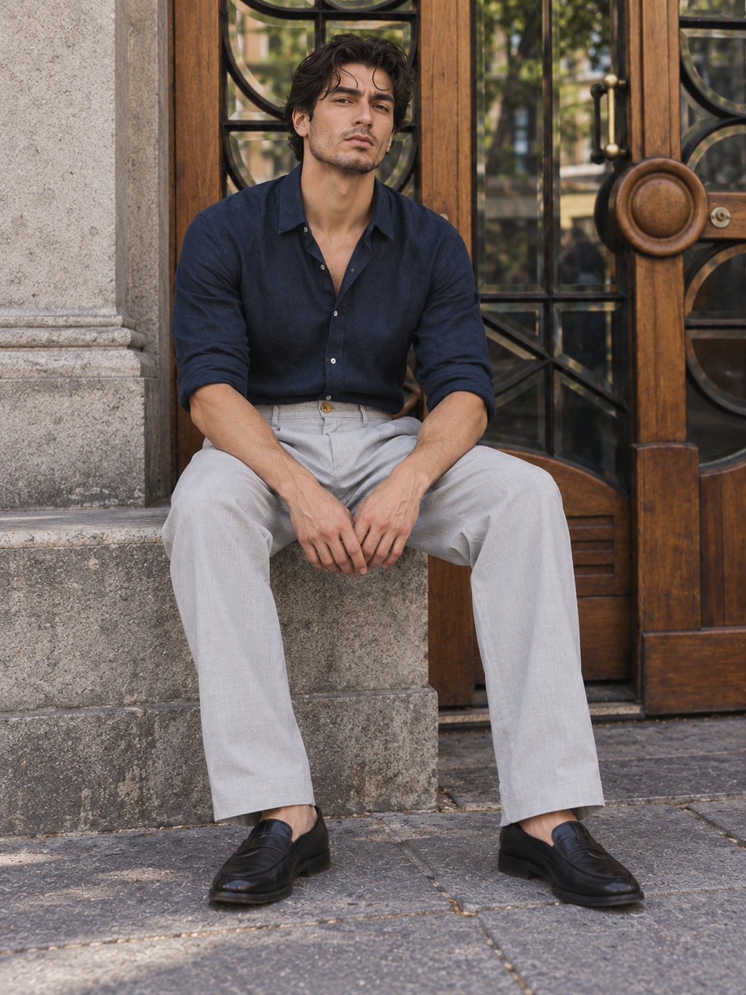 Linen : Pleated Light Grey Baggy Trousers