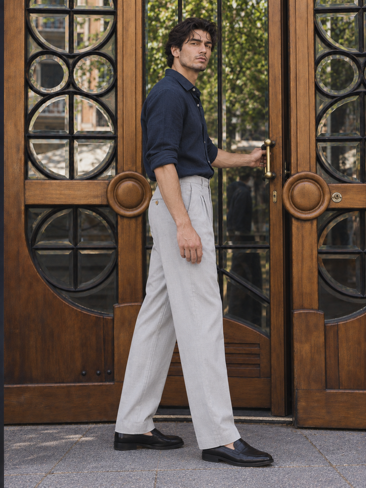 Linen : Pleated Light Grey Baggy Trousers