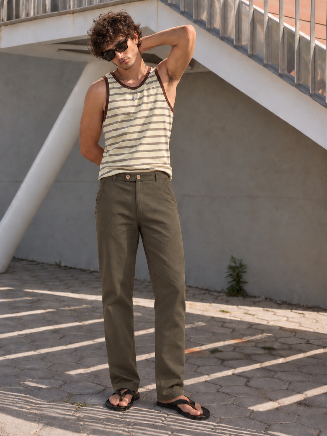 Casual Fit : Olive Green Linen Trousers
