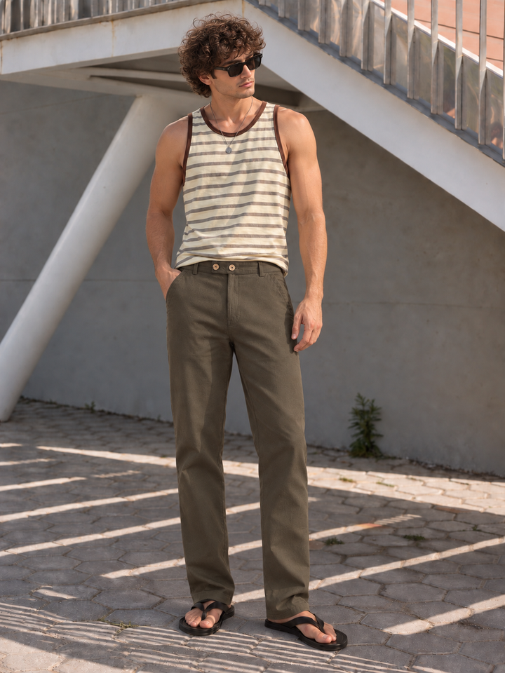 Casual Fit : Olive Green Linen Trousers