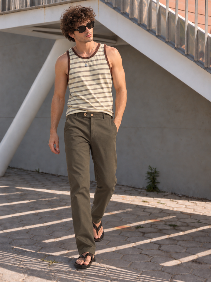Casual Fit : Olive Green Linen Trousers