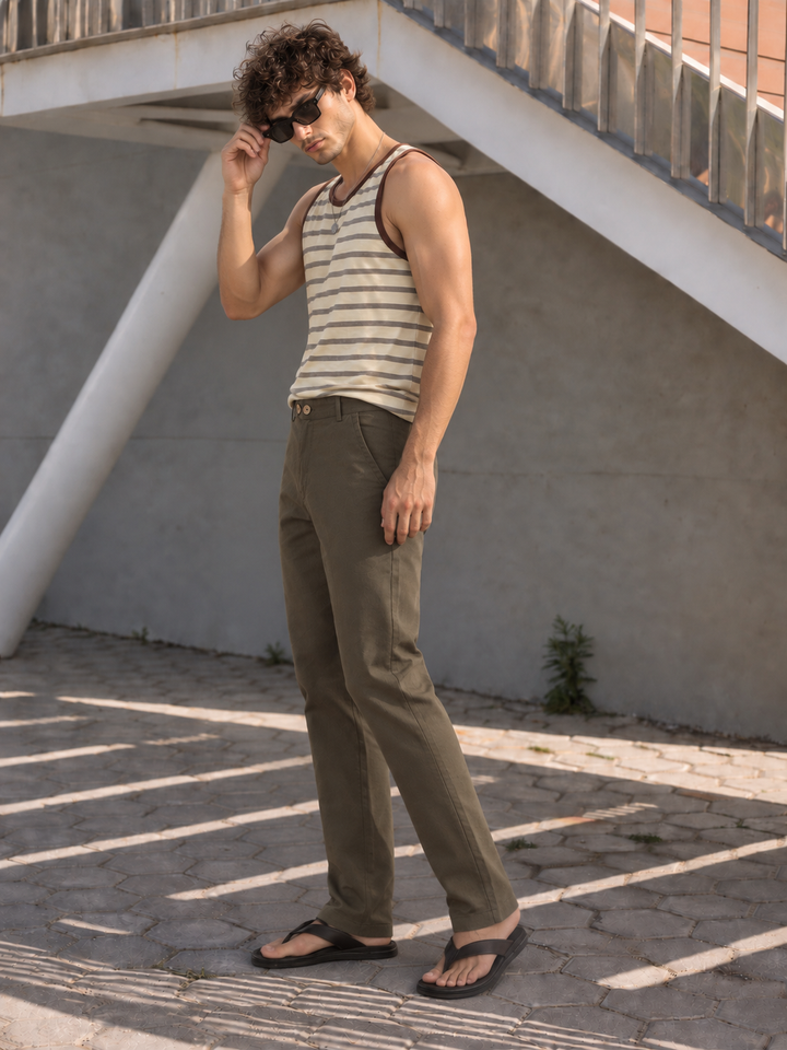 Casual Fit : Olive Green Linen Trousers