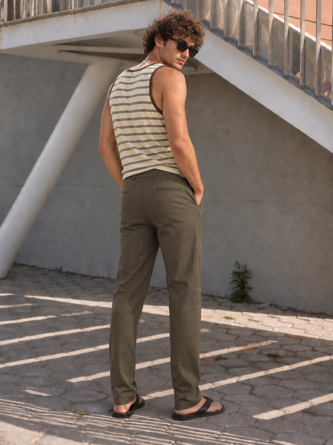 Casual Fit : Olive Green Linen Trousers