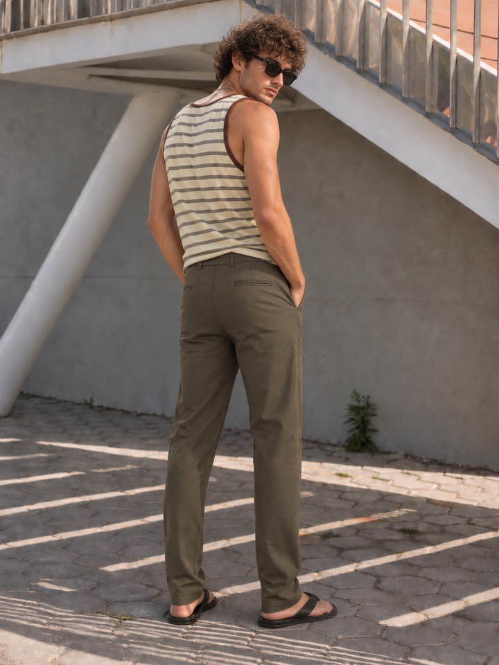 Casual Fit : Olive Green Linen Trousers