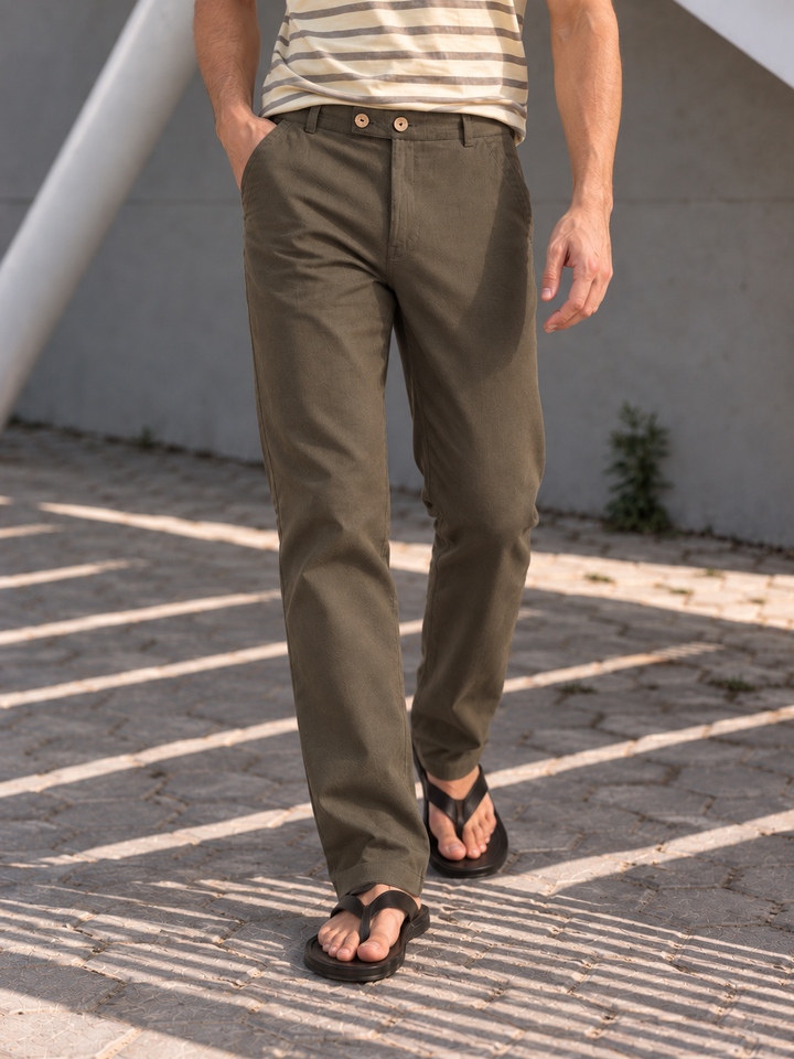 Casual Fit : Olive Green Linen Trousers
