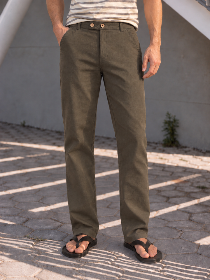 Casual Fit : Olive Green Linen Trousers