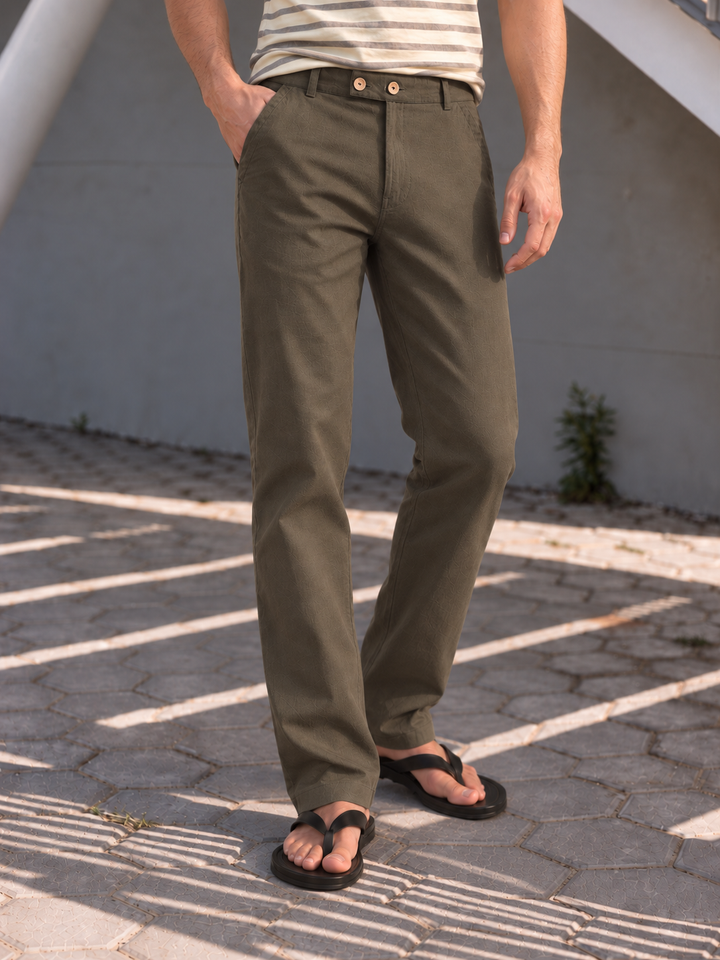 Casual Fit : Olive Green Linen Trousers