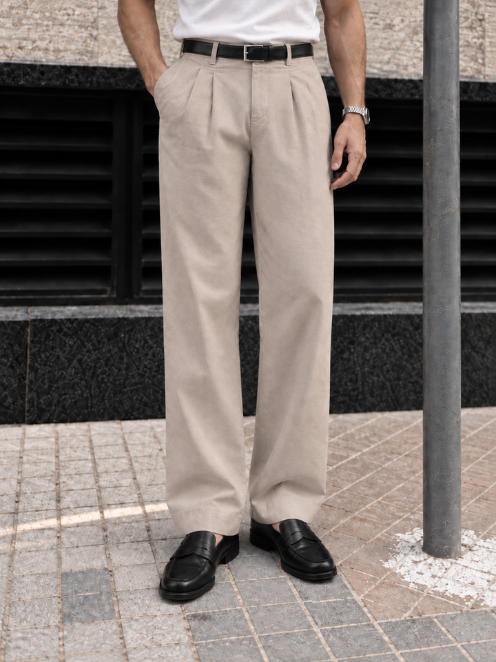 Linen : Pleated Beige Baggy Trousers