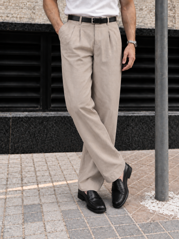 Linen : Pleated Beige Baggy Trousers