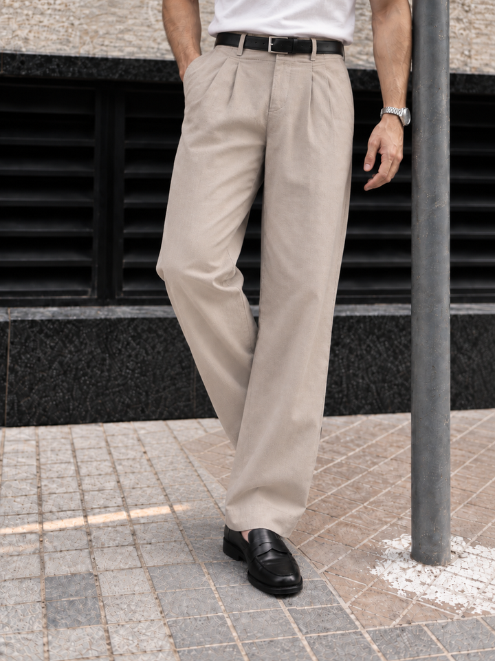 Linen : Pleated Beige Baggy Trousers