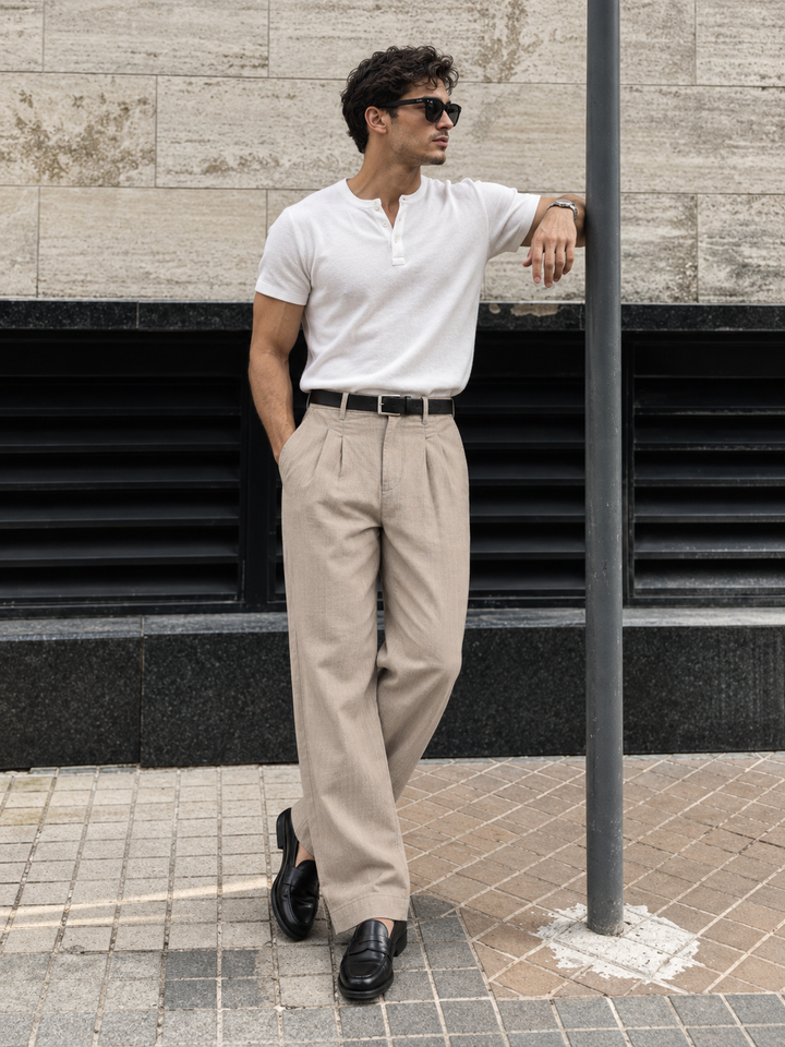 Linen : Pleated Beige Baggy Trousers