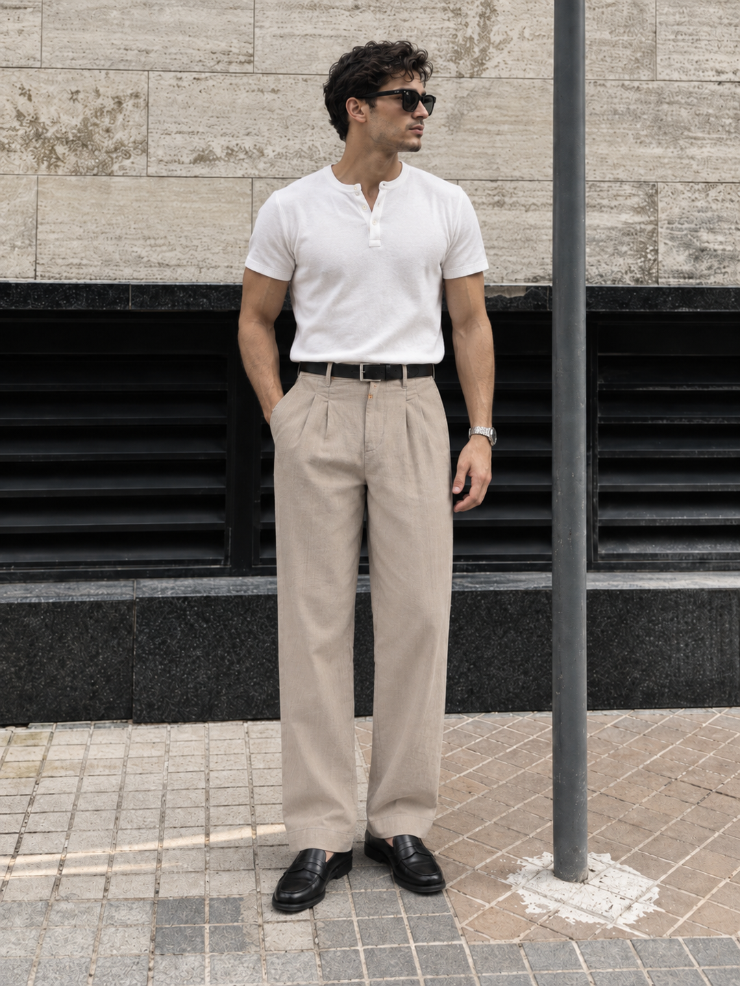 Linen : Pleated Beige Baggy Trousers