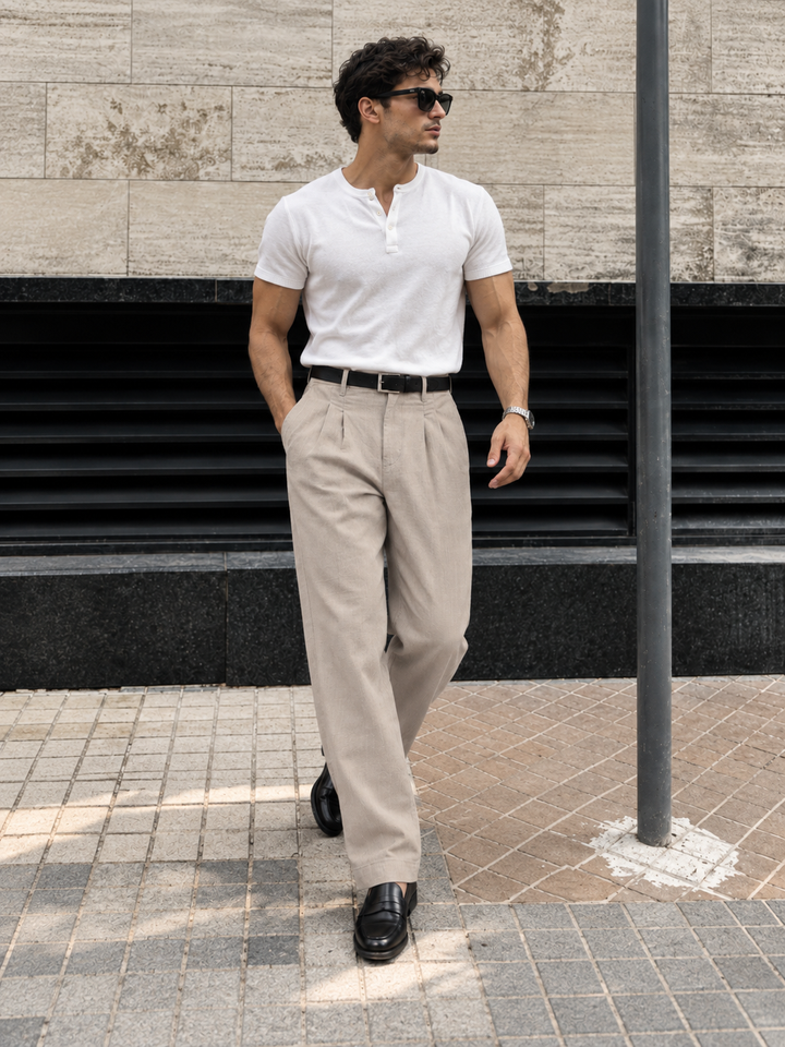 Linen : Pleated Beige Baggy Trousers