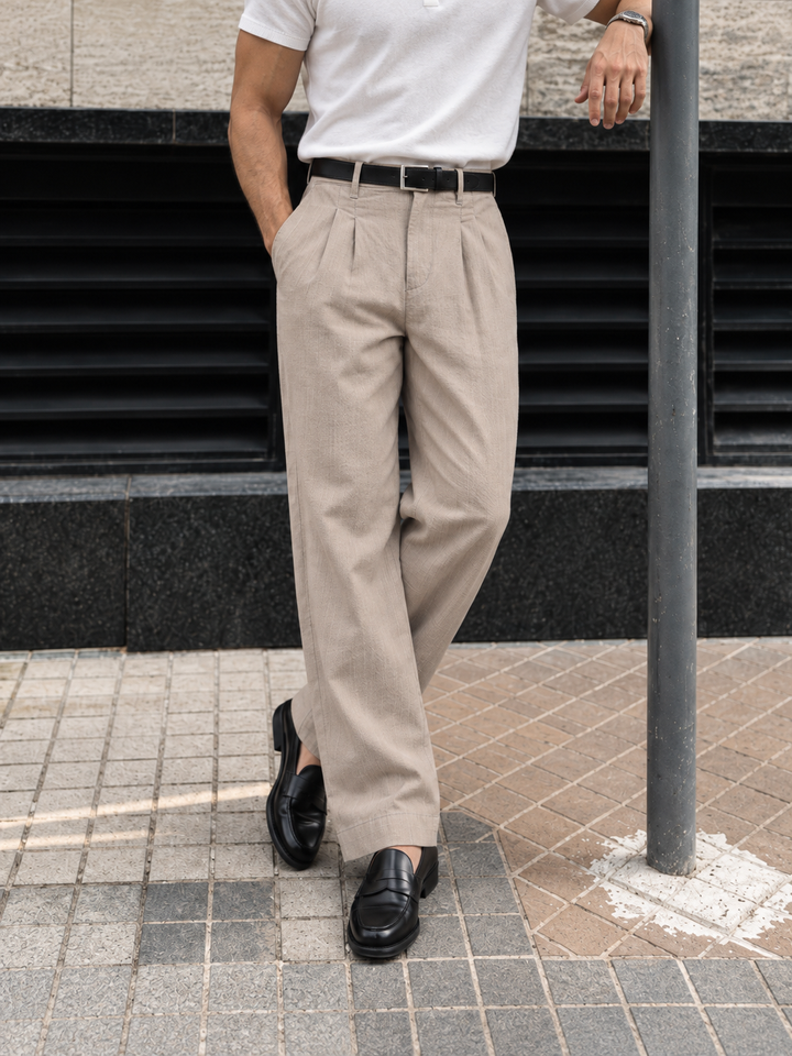 Linen : Pleated Beige Baggy Trousers
