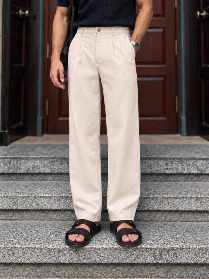 Linen : Pleated Cream Baggy Trousers
