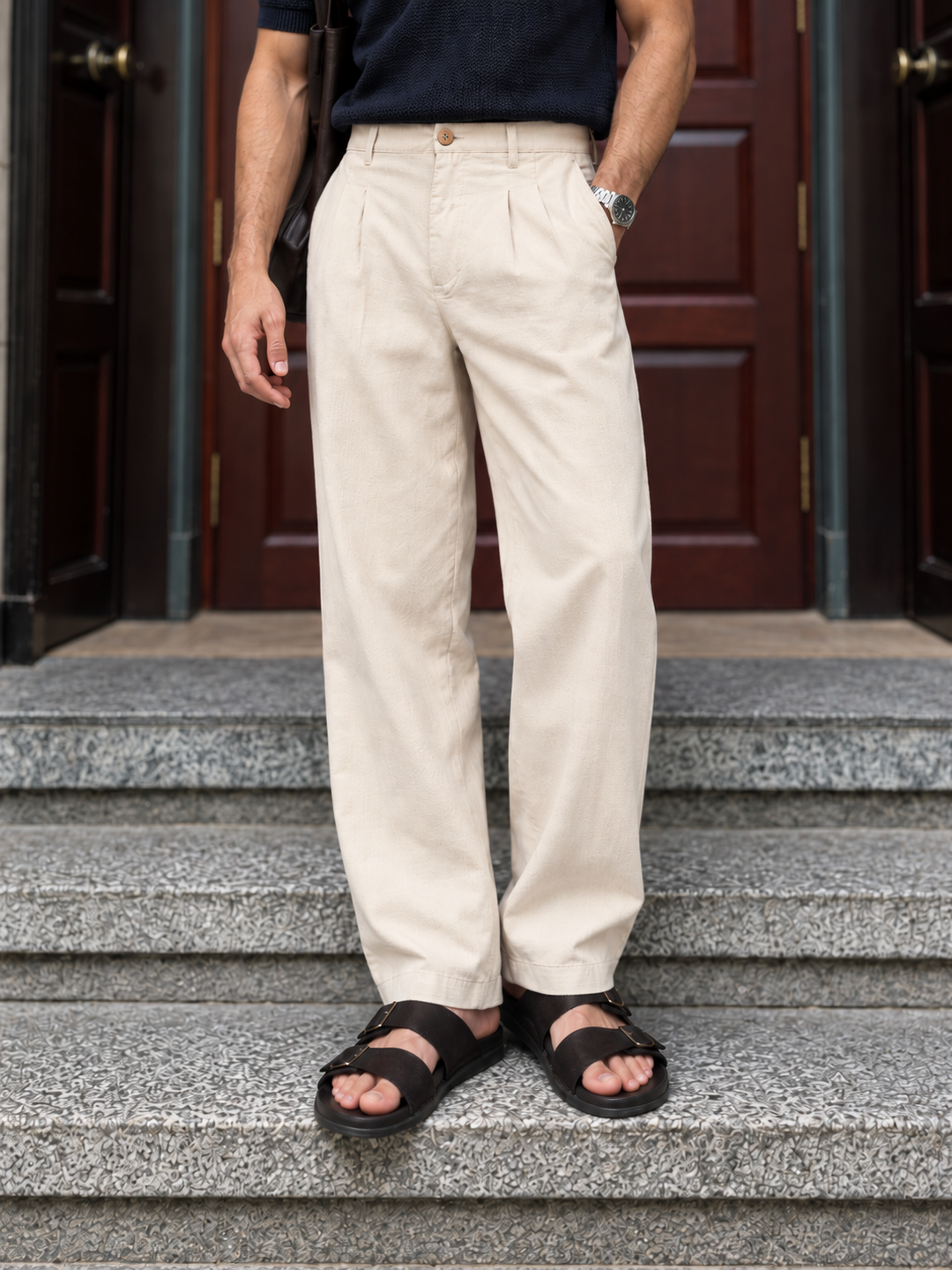 Linen : Pleated Cream Baggy Trousers