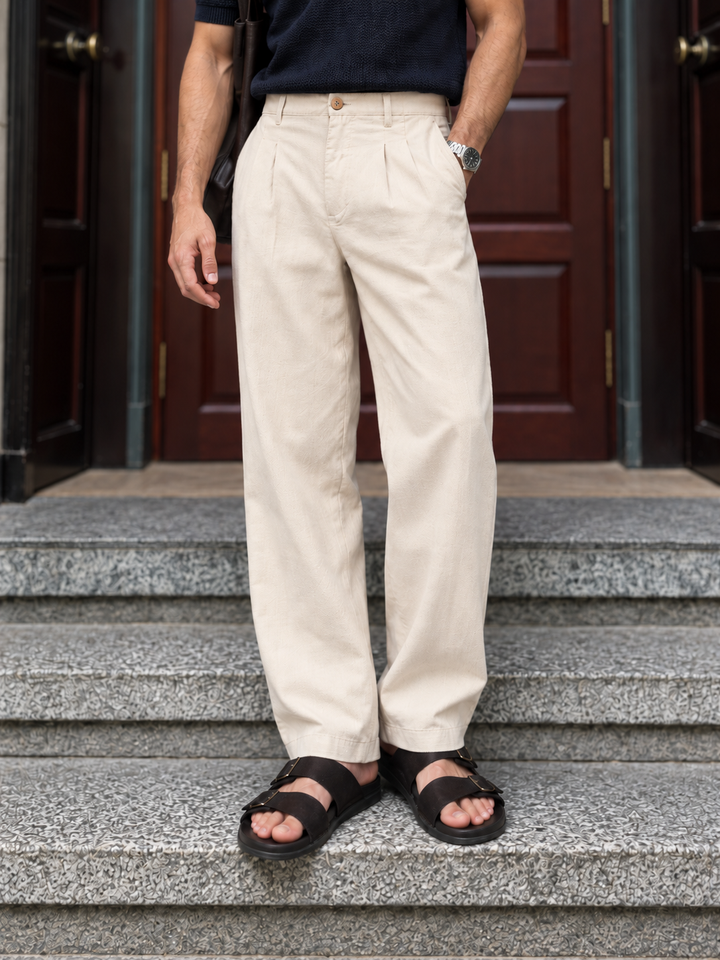 Linen : Pleated Cream Baggy Trousers