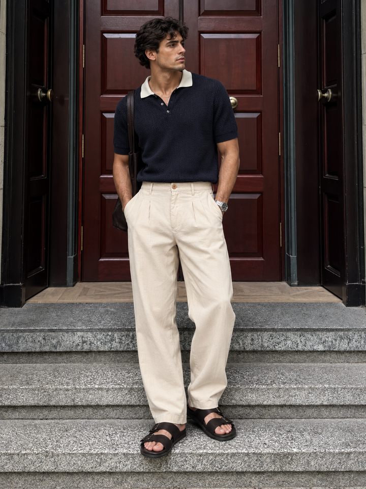 Linen : Pleated Cream Baggy Trousers