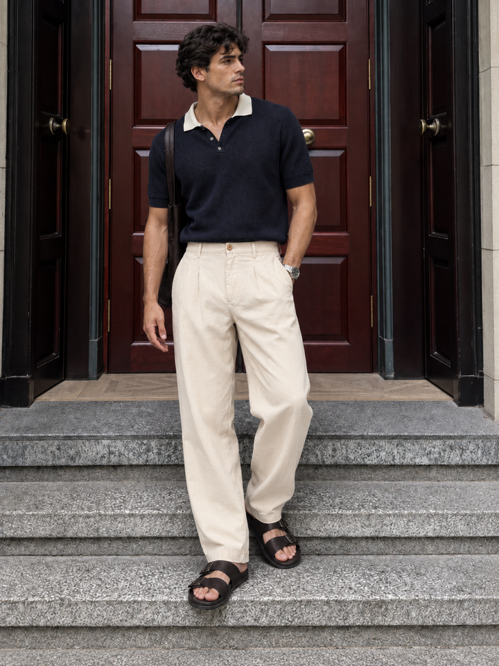 Linen : Pleated Cream Baggy Trousers