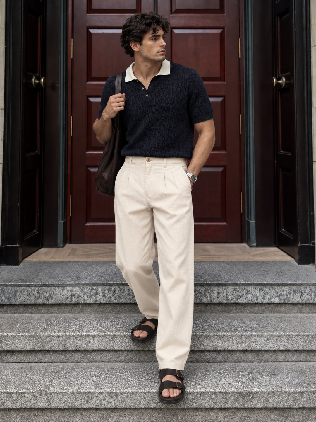 Linen : Pleated Cream Baggy Trousers