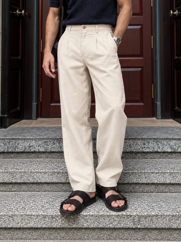 Linen : Pleated Cream Baggy Trousers