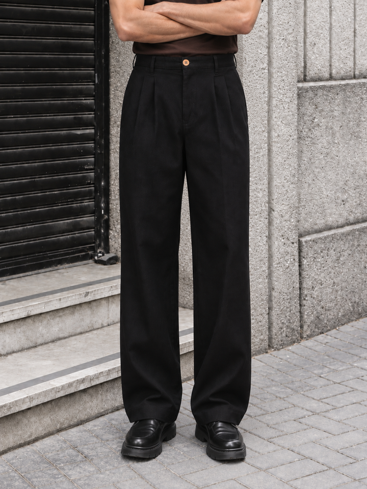 Linen : Pleated Black Baggy Trousers