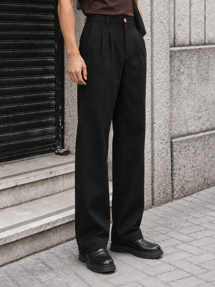 Linen : Pleated Black Baggy Trousers
