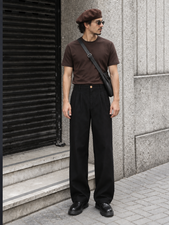 Linen : Pleated Black Baggy Trousers
