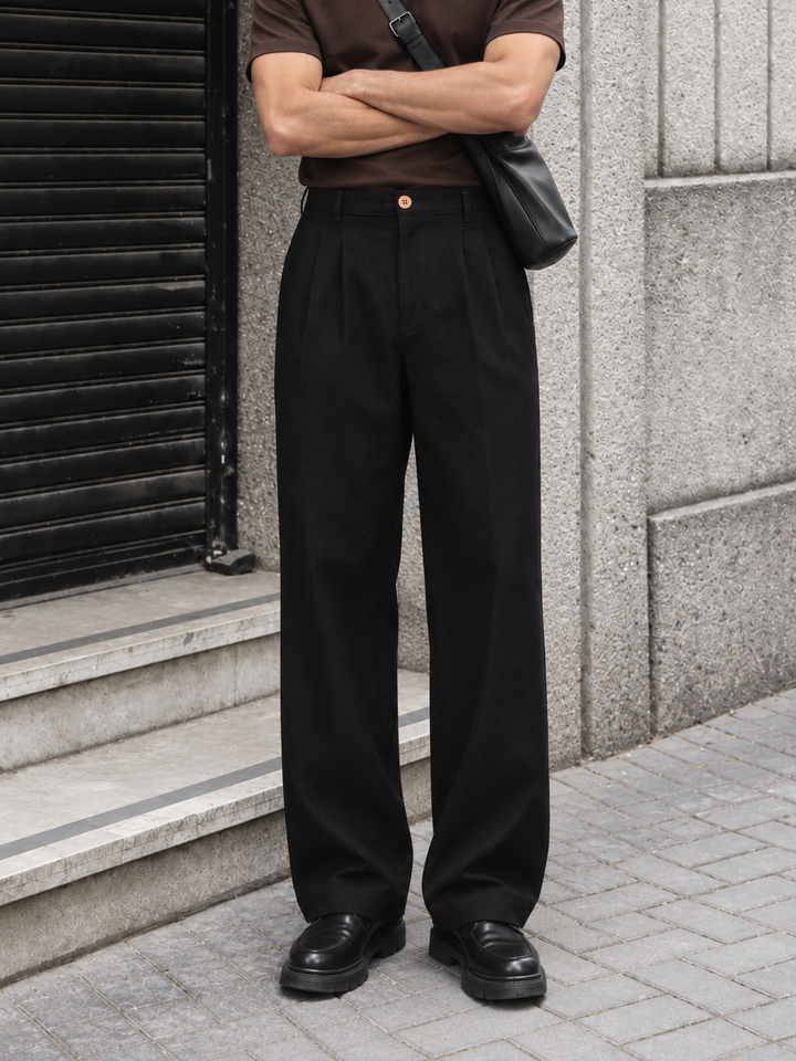 Linen : Pleated Black Baggy Trousers