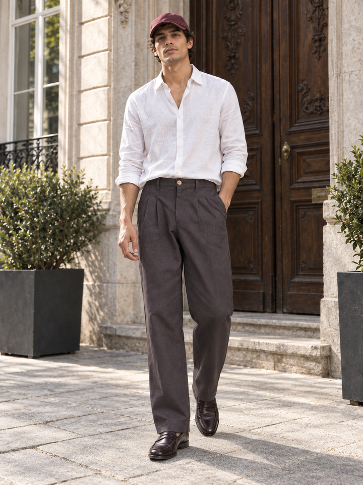 Linen : Pleated Chocolate Brown Baggy Trousers