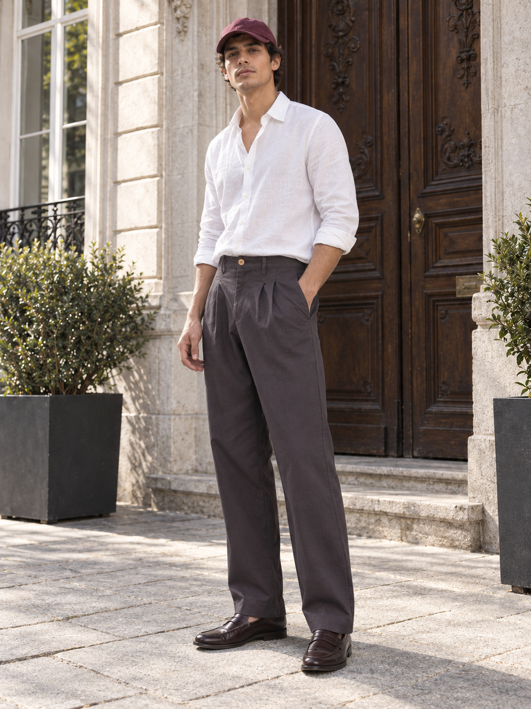 Linen : Pleated Chocolate Brown Baggy Trousers