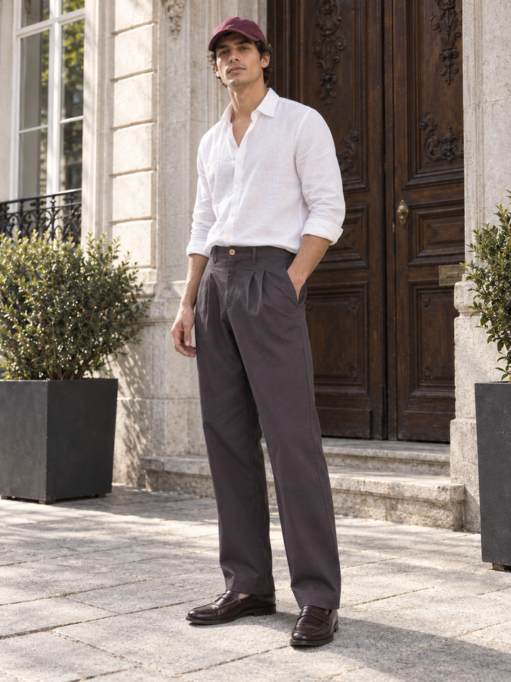 Linen : Pleated Chocolate Brown Baggy Trousers