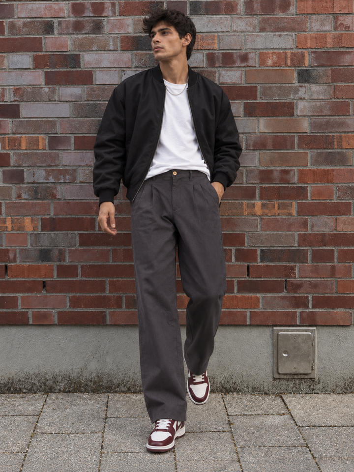 Linen : Pleated Charcoal Baggy Trousers