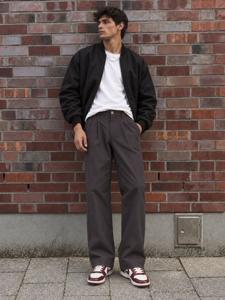 Linen : Pleated Charcoal Baggy Trousers