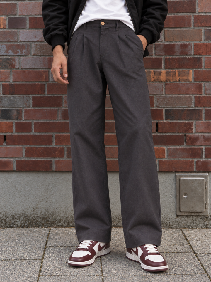 Linen : Pleated Charcoal Baggy Trousers