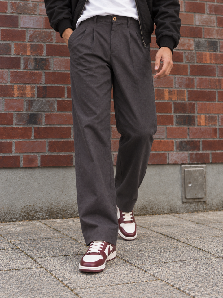 Linen : Pleated Charcoal Baggy Trousers