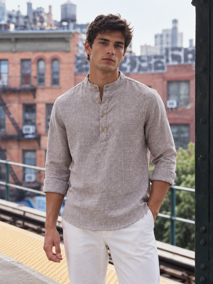 Linen : Brownish Grey Mandarin Collar Shirt