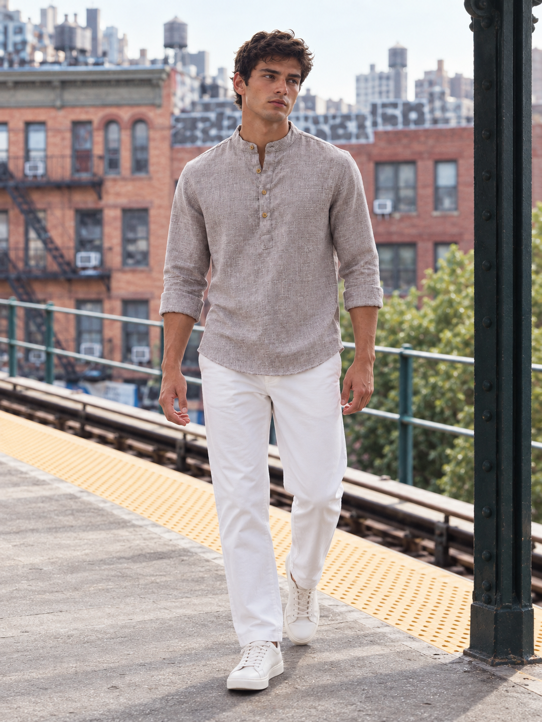 Linen : Brownish Grey Mandarin Collar Shirt